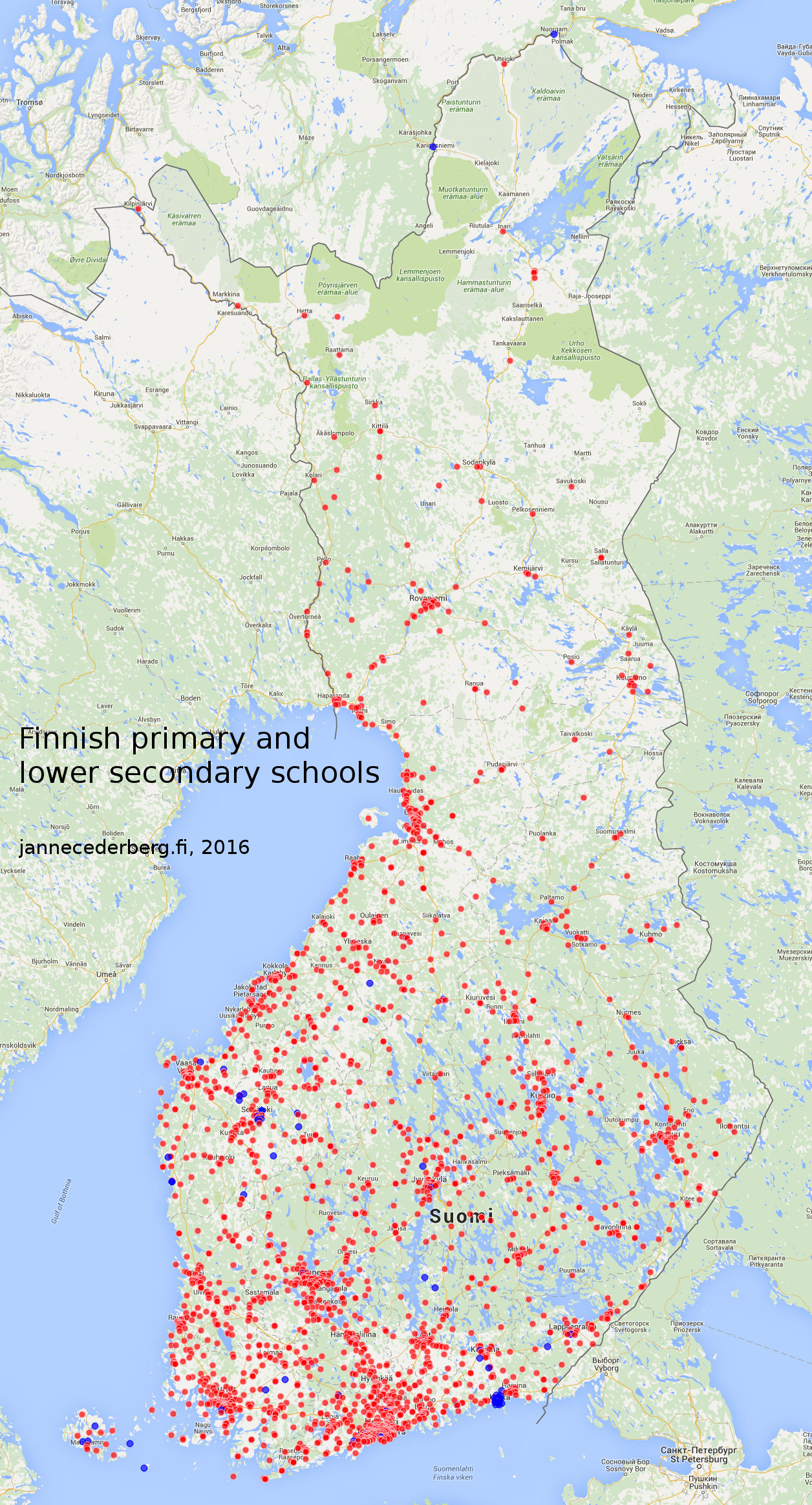 Finnish primary and lower secondary schools on a map