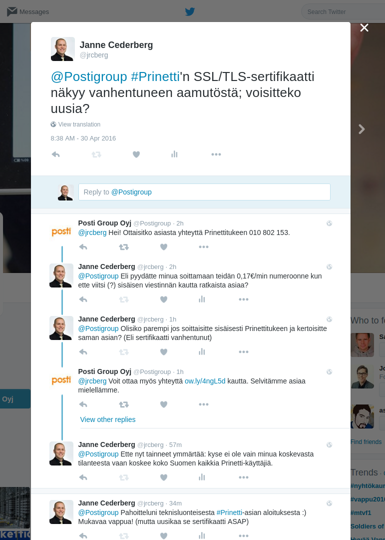 Twitter discussion regarding Prinetti certificate expiration